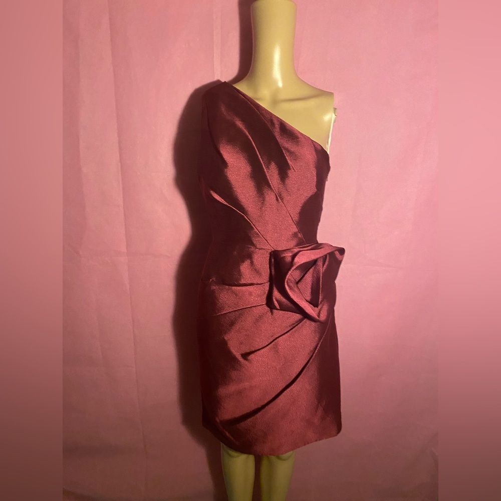 Halston Heritage one shoulder boysenberry colored dress wt a rose bow